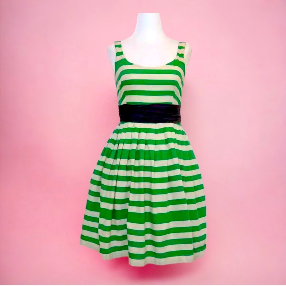 Corey Lynn Calter Anthropologie Caranday Green Beige Striped Dress Flared